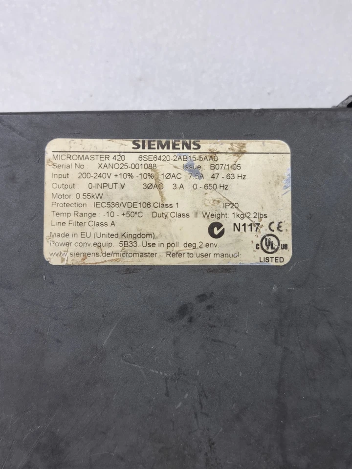SIEMENS MICROMASTER 420 6SE6420-2AB15-5AA0 MADE IN UNITED KINGDOM Without Remote